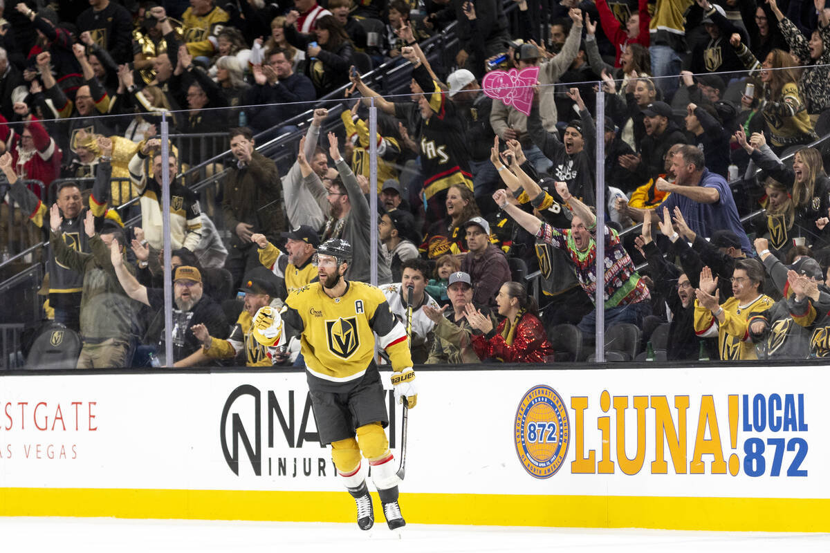 Golden Knights defenseman Alex Pietrangelo (7) celebrates after scoring a goal during the secon ...