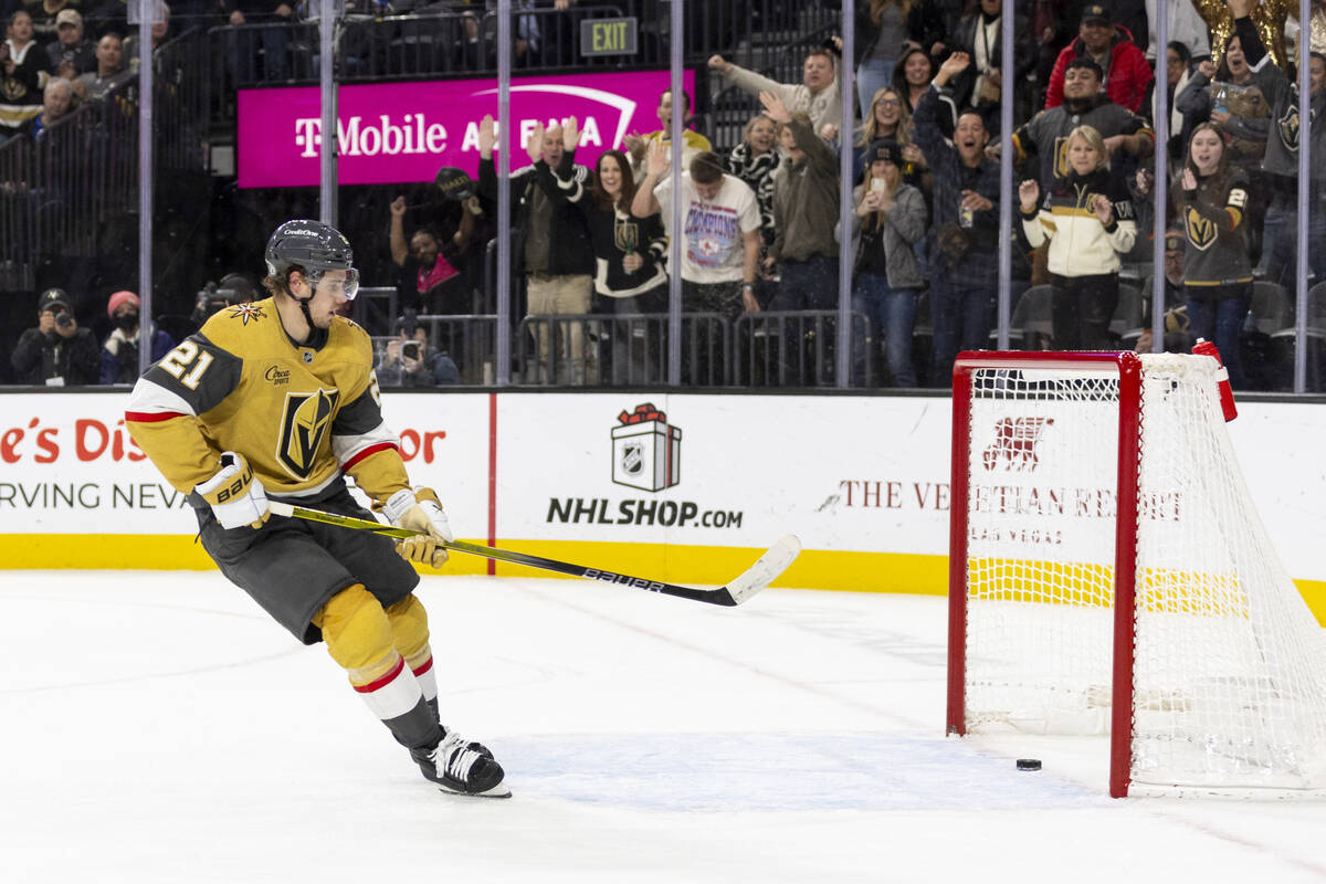 Golden Knights center Brett Howden (21) scores an empty net goal during the third period of the ...