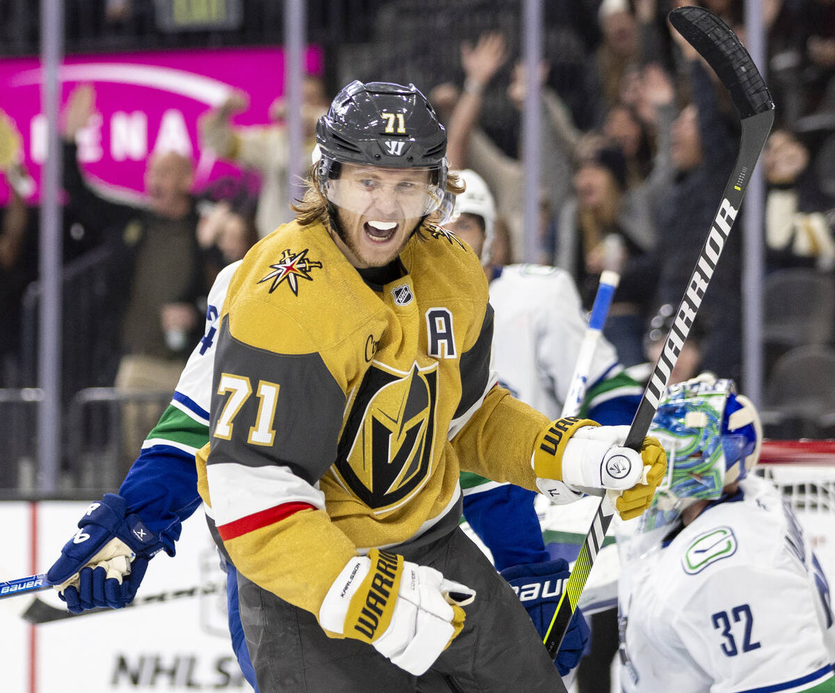 Golden Knights center William Karlsson (71) celebrates after scoring a goal during the third pe ...