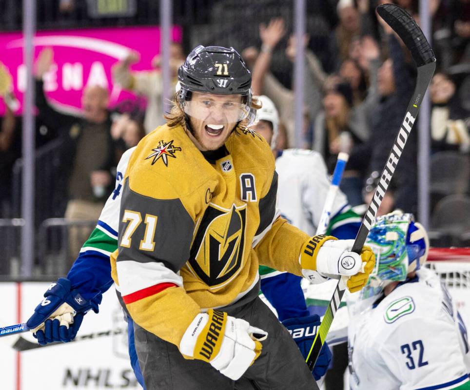 Golden Knights center William Karlsson (71) celebrates after scoring a goal during the third pe ...