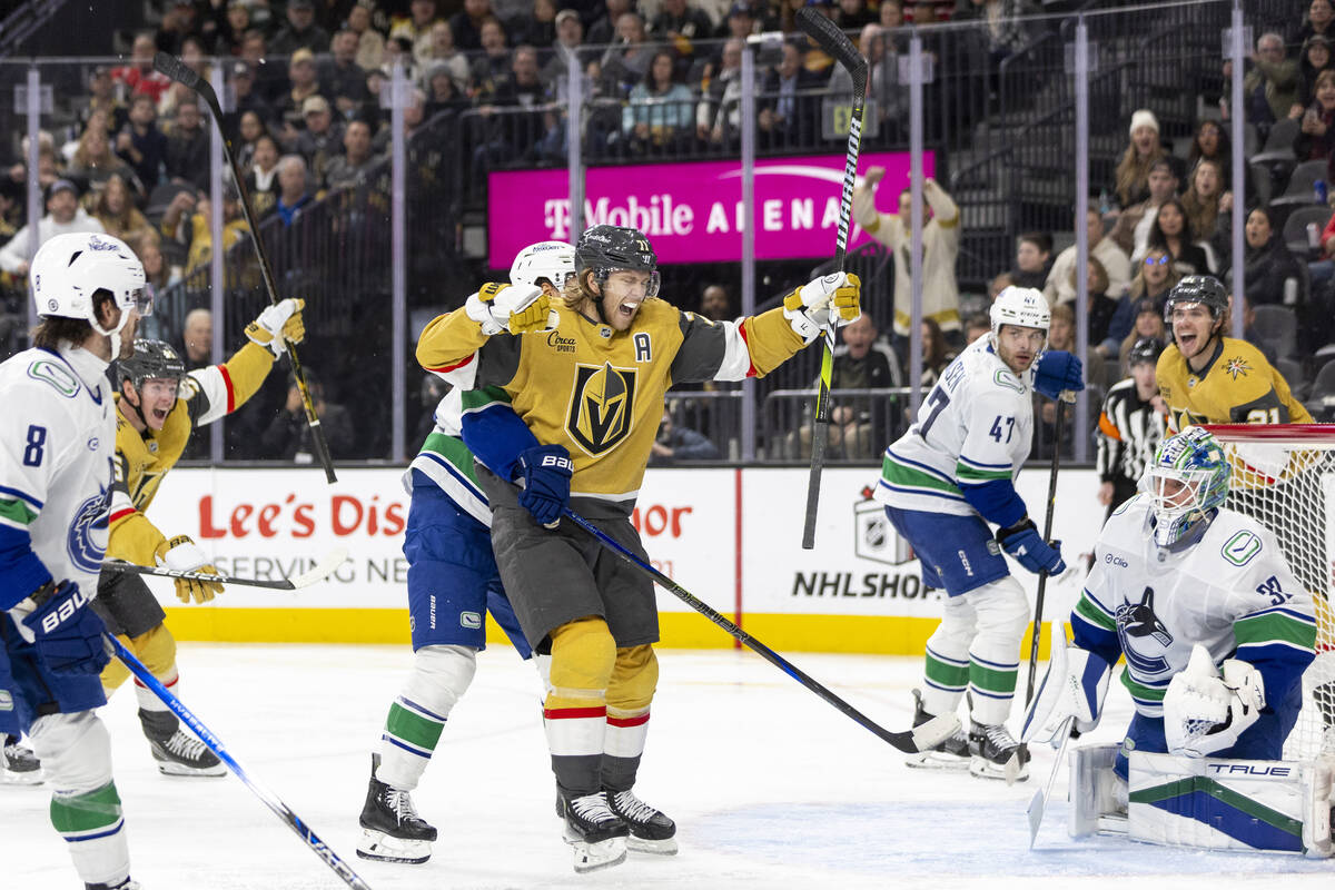 Golden Knights center William Karlsson (71) celebrates after scoring a goal during the third pe ...