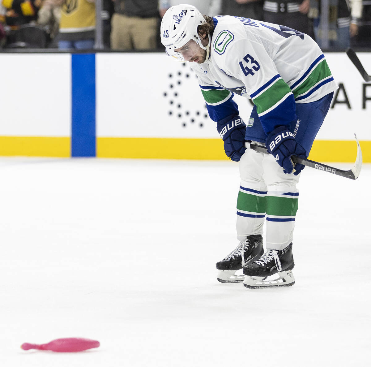 Vancouver Canucks defenseman Quinn Hughes (43) stares at a plastic flamingo after losing the NH ...