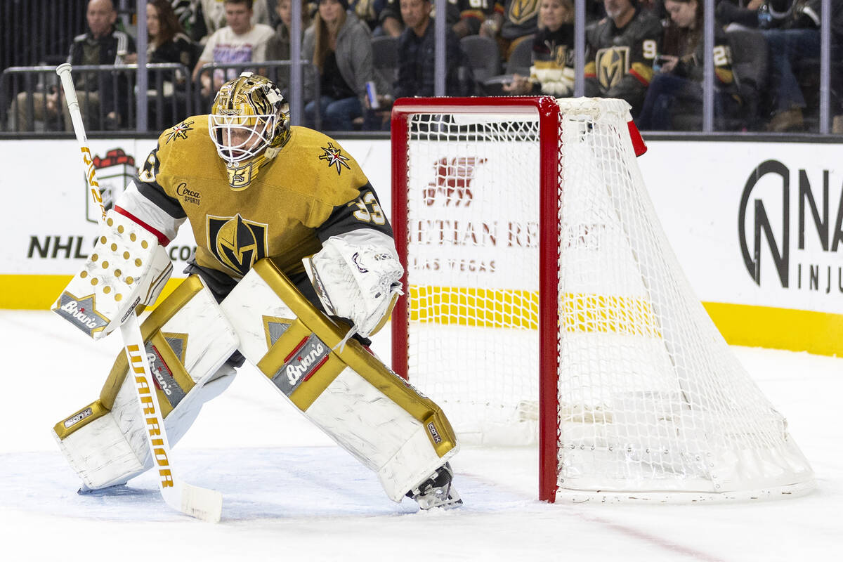 Golden Knights goaltender Adin Hill (33) guards the goal during the second period of the NHL ho ...