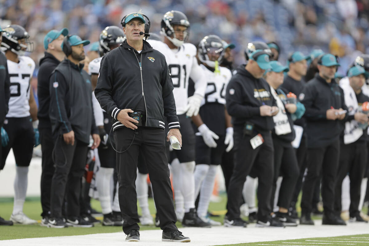 Jacksonville Jaguars head coach Doug Pederson watches from the sideline during the first half o ...