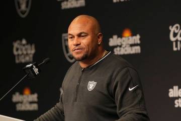 Las Vegas Raiders head coach Antonio Pierce speaks after an NFL football game against the Atlan ...