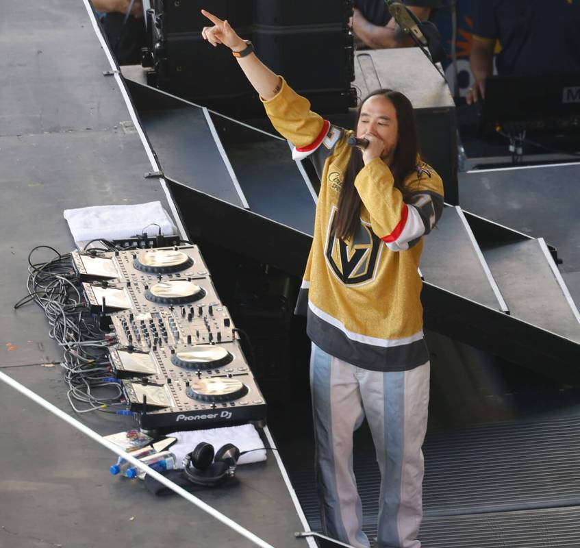 DJ Steve Aoki performs outside T-Mobile Arena, Tuesday, June 13, 2023, before the Game 5 of the ...