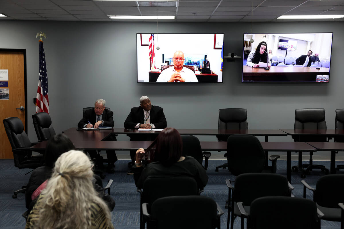 Nicole Williams, a board member with Return Strong, right, speaks from Carson City during the p ...