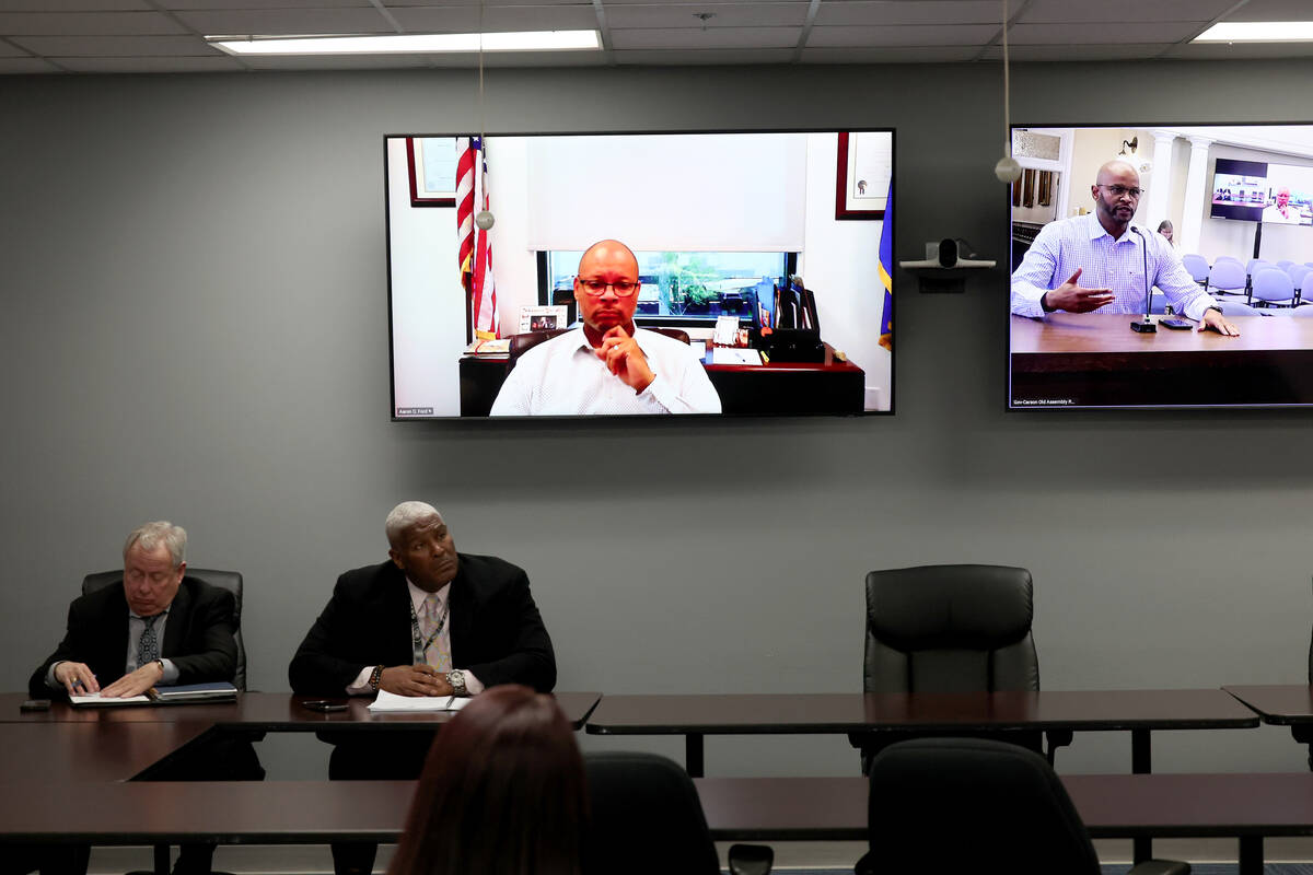 Jacquin Webb, right, speaks from Carson City during the public comment period of a Board of Sta ...