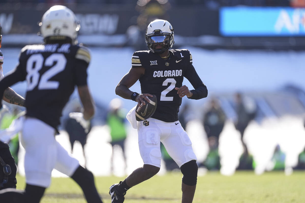 Colorado quarterback Shedeur Sanders (2) in the first half of an NCAA college football game Fri ...