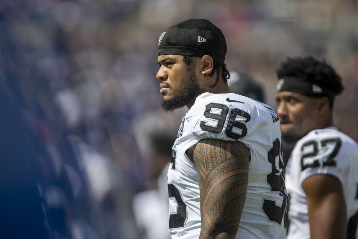 Raiders defensive tackle Jonah Laulu (96) looks on from the sideline before the start of an NFL ...