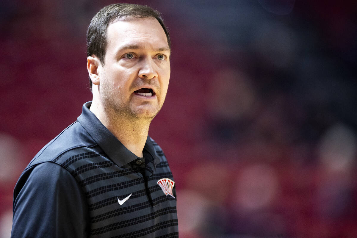 UNLV head coach Kevin Kruger questions a referee during the first half of the college basketbal ...