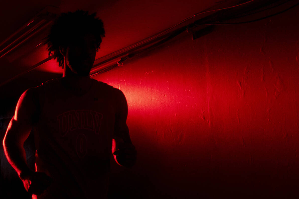 UNLV forward Isaiah Cottrell (0) runs out of the entrance tunnel before the college basketball ...