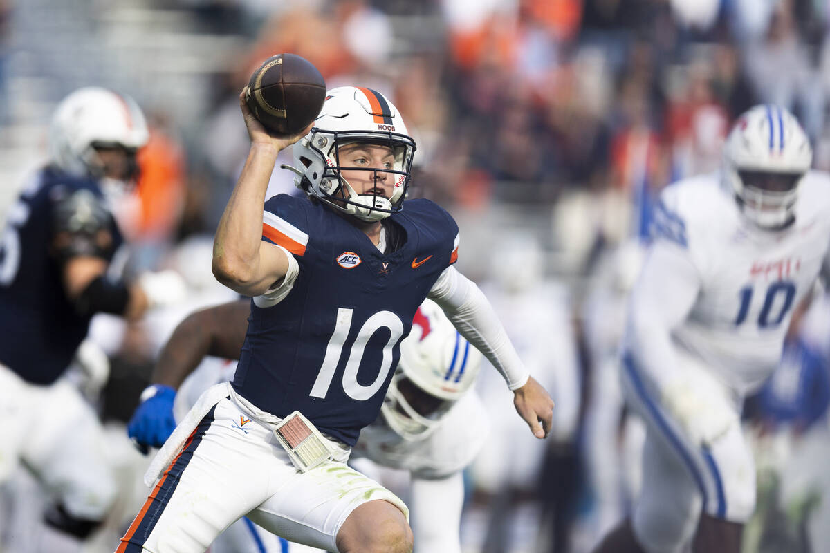 Virginia quarterback Anthony Colandrea (10) looks to make a pass against SMU during the second ...