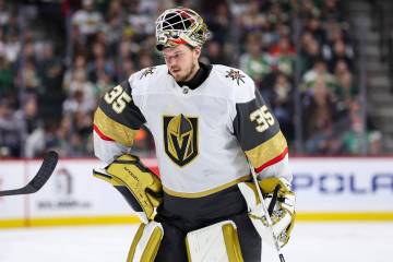 Vegas Golden Knights goaltender Ilya Samsonov (35) looks on during the third period of an NHL h ...