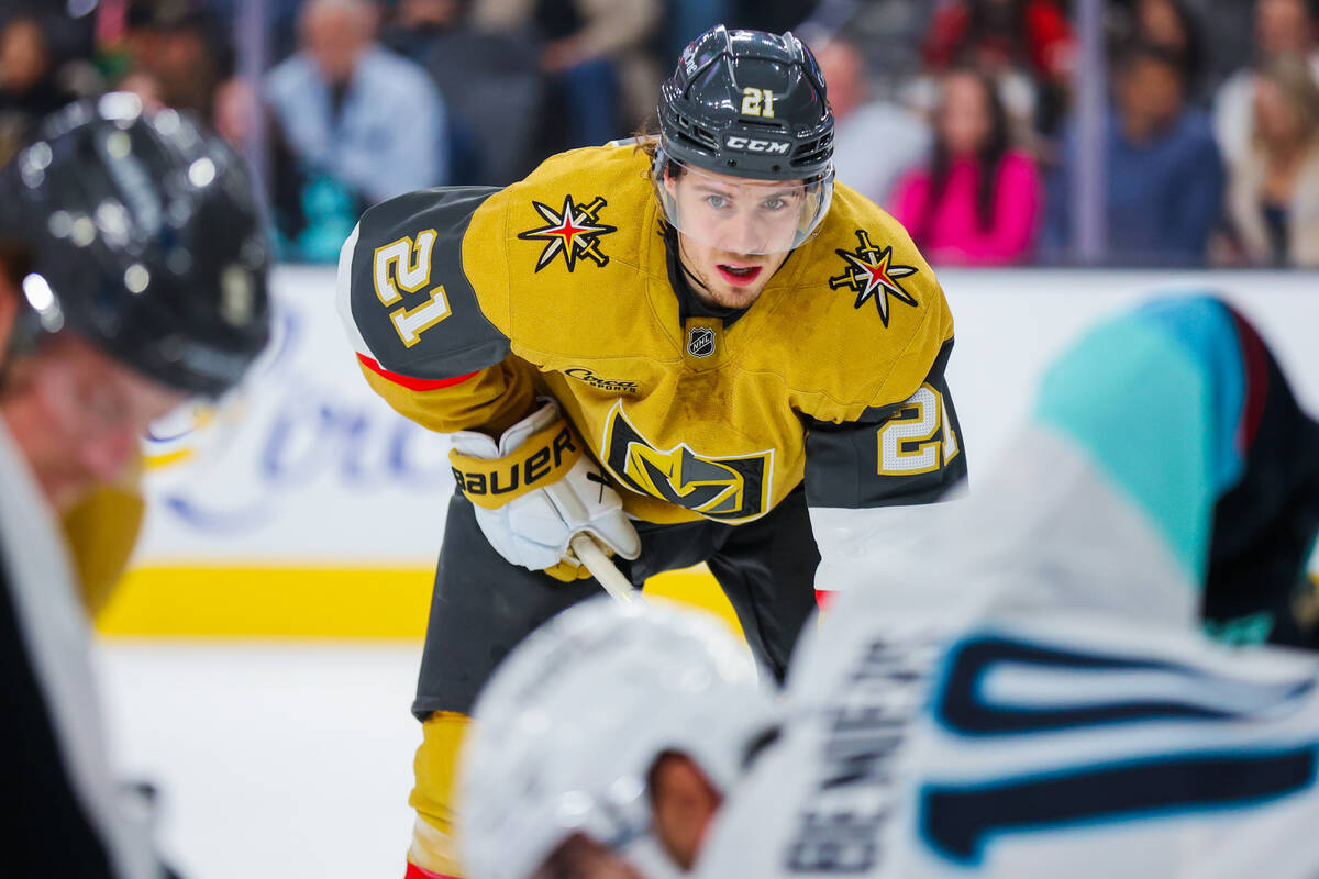 Golden Knights center Brett Howden (21) waits for the puck to drop during an NHL hockey game be ...