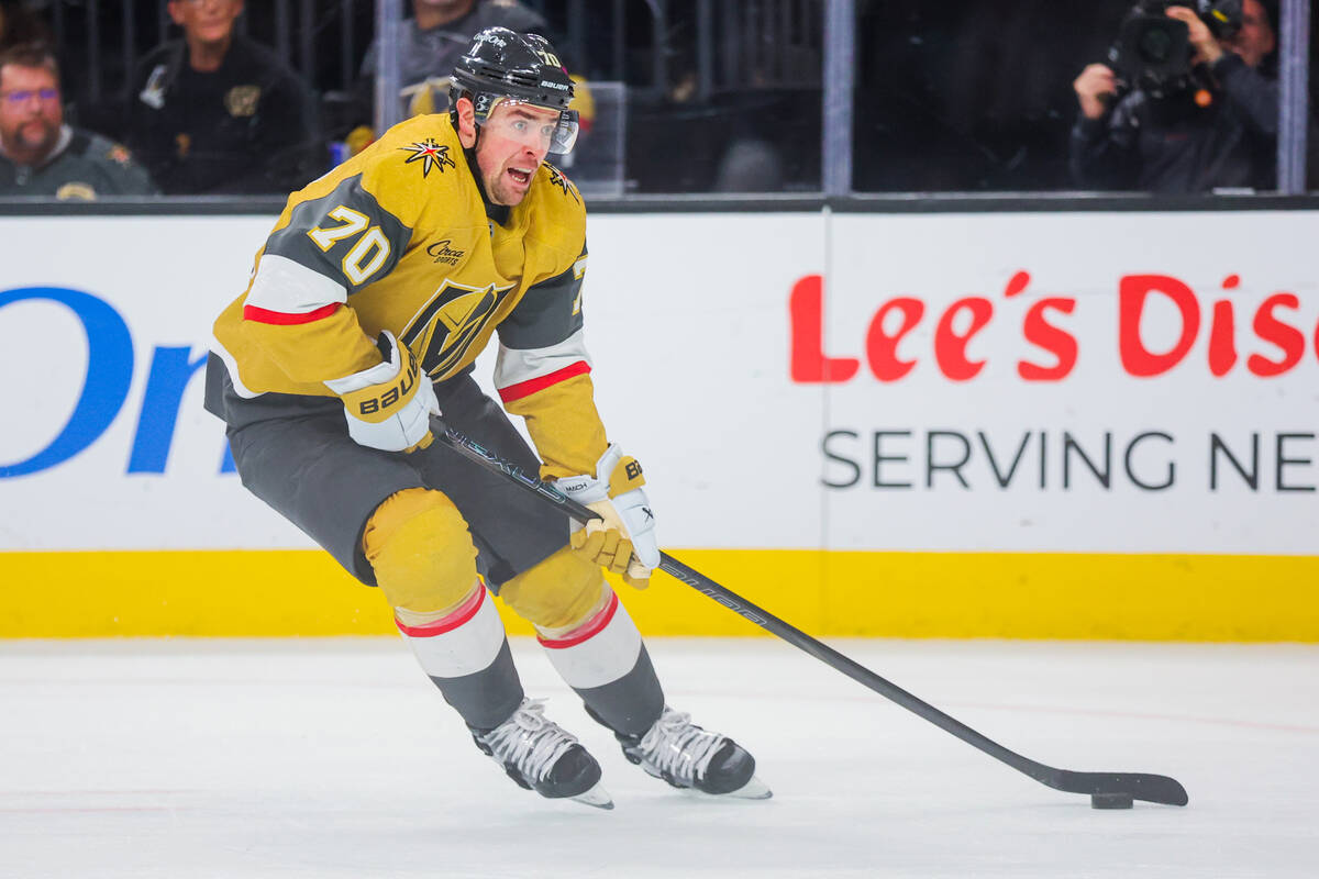 Golden Knights left wing Tanner Pearson (70) skates the puck to the net during an NHL hockey ga ...