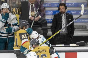 Color commentator Shane Hnidy reacts as sticks fly nearby while reporting between the team benc ...