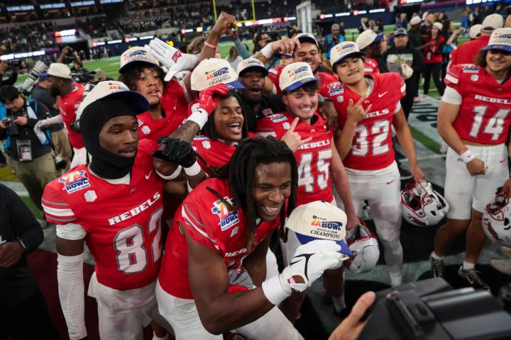 UNLV players celebrate after defeating Cal in the LA Bowl at SoFi Stadium on Wednesday, Dec. 18 ...