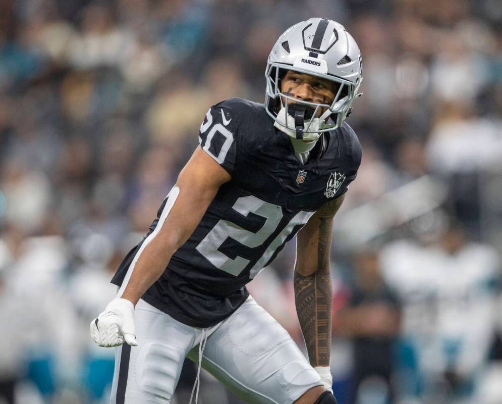 Raiders safety Isaiah Pola-Mao (20) in coverage on the field during the first half of an NFL ga ...