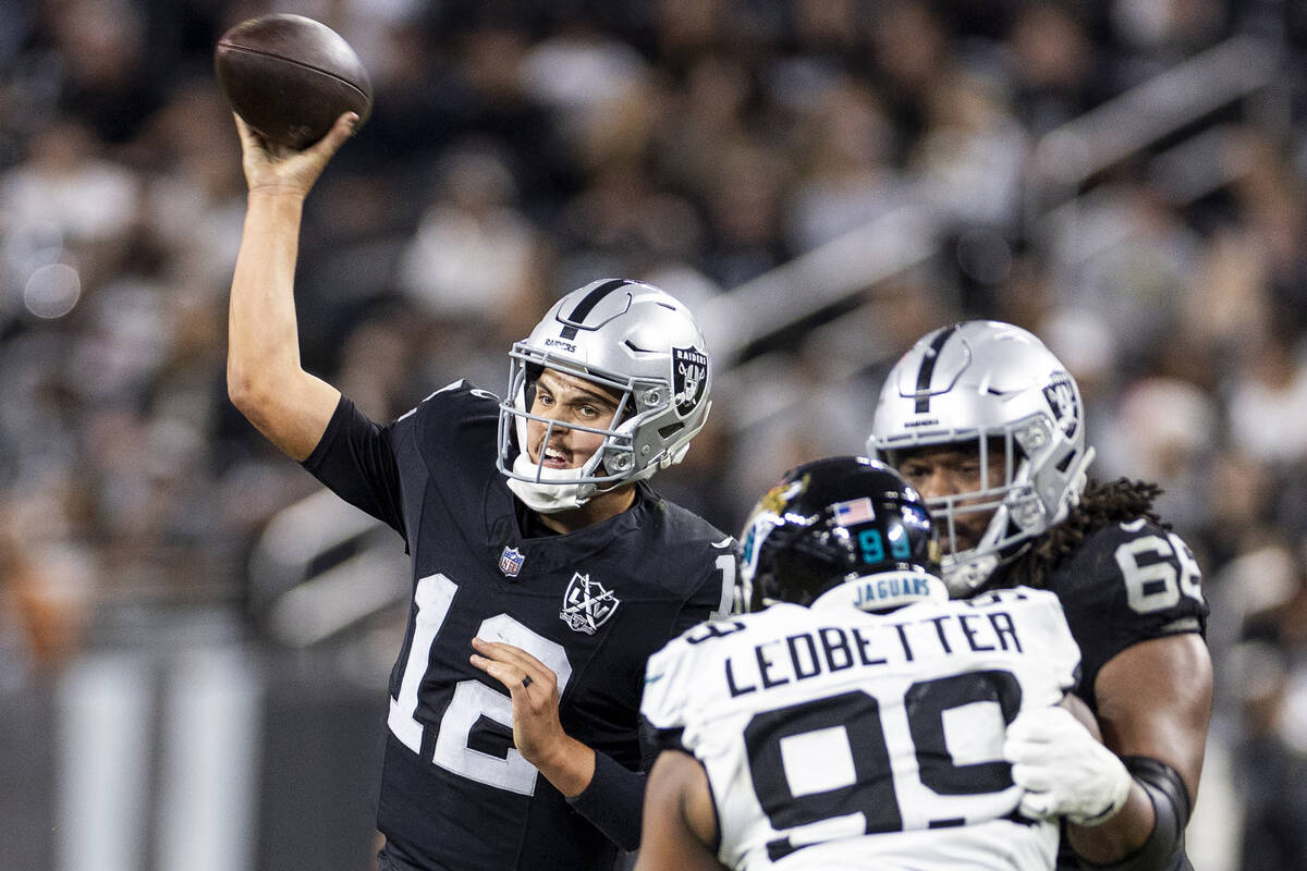 Raiders quarterback Aidan O'Connell (12) throws the ball during the second half of the NFL game ...