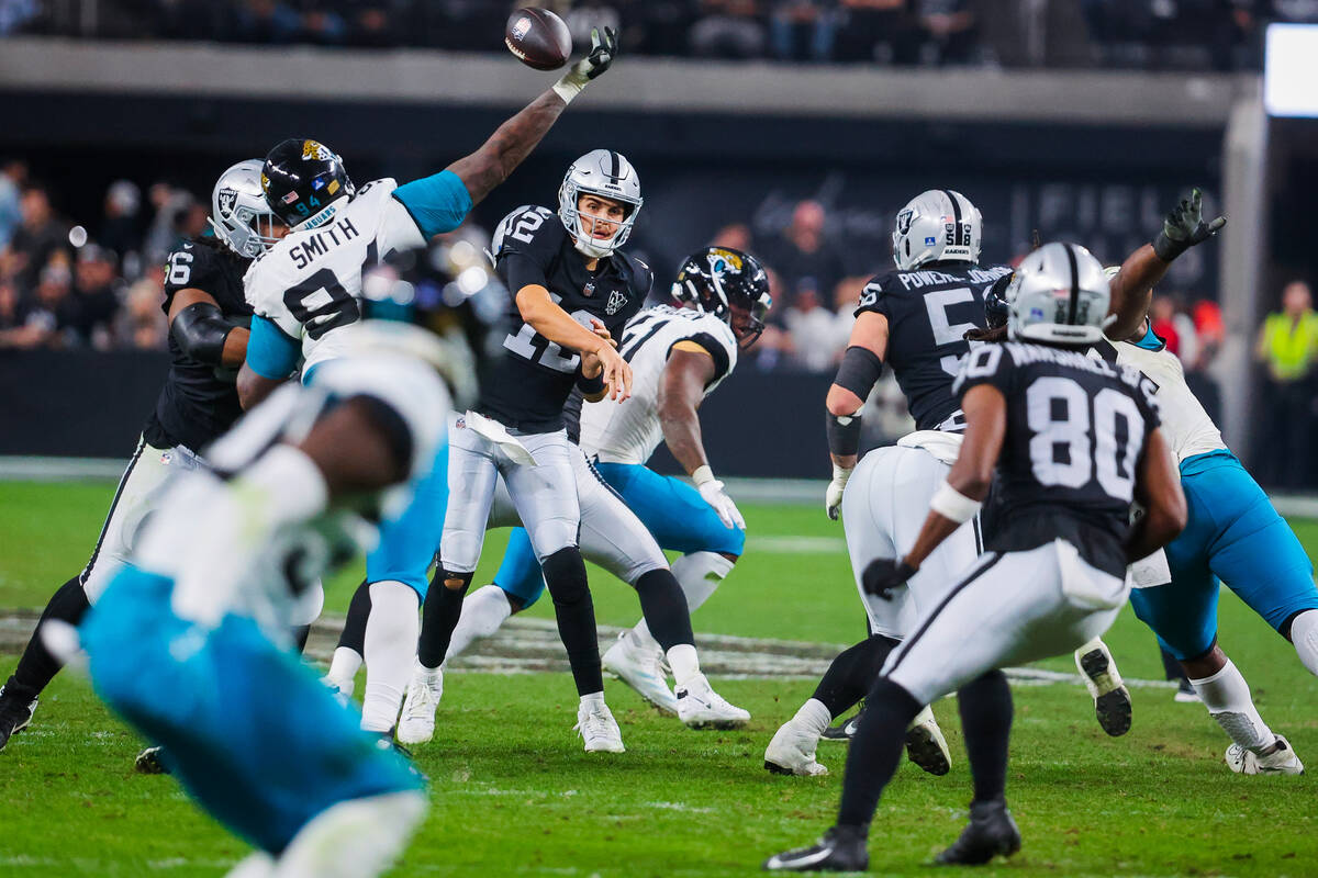 Raiders quarterback Aidan O'Connell (12) throws the ball during an NFL football game between th ...