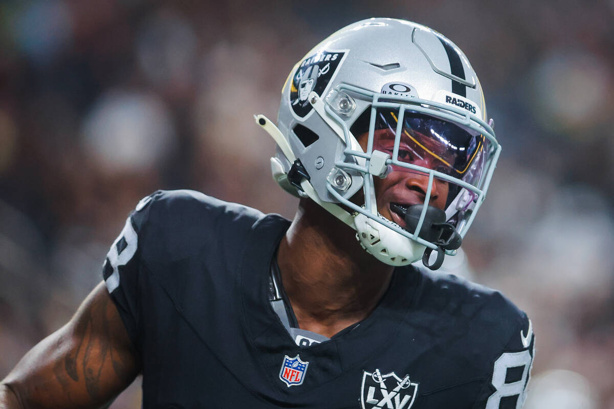 Raiders tight end Justin Shorter (88) smiles during an NFL football game between the Raiders an ...