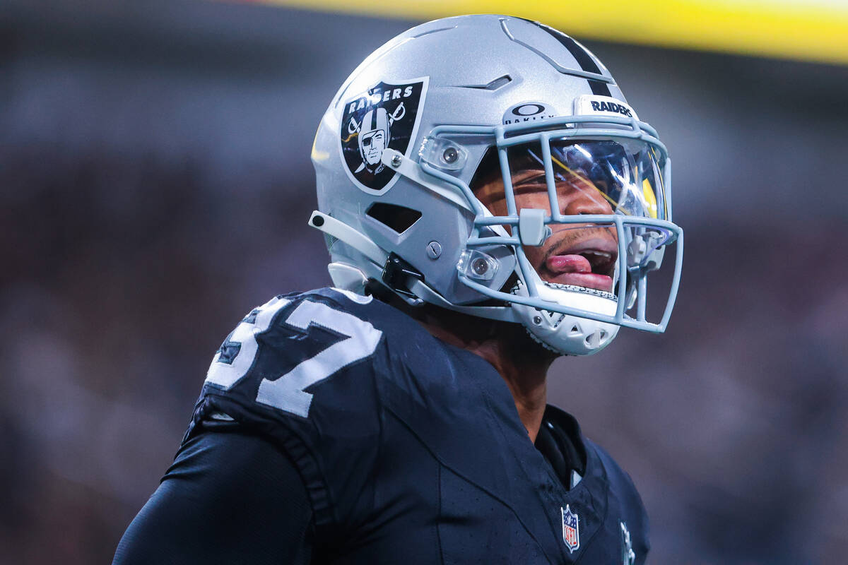 Raiders safety Trey Taylor (37) sticks his tongue out during an NFL football game between the R ...