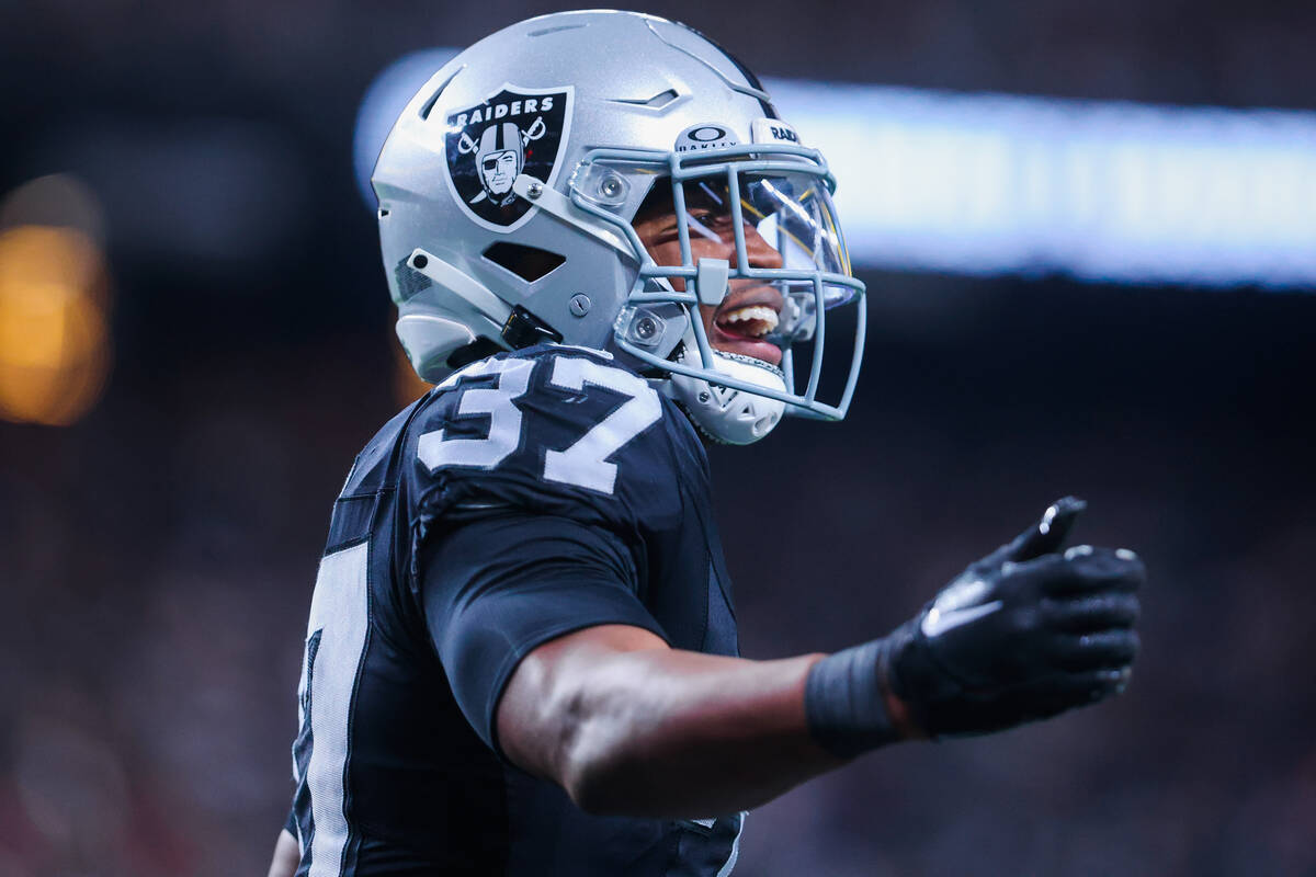 Raiders safety Trey Taylor (37) celebrates during an NFL football game between the Raiders and ...