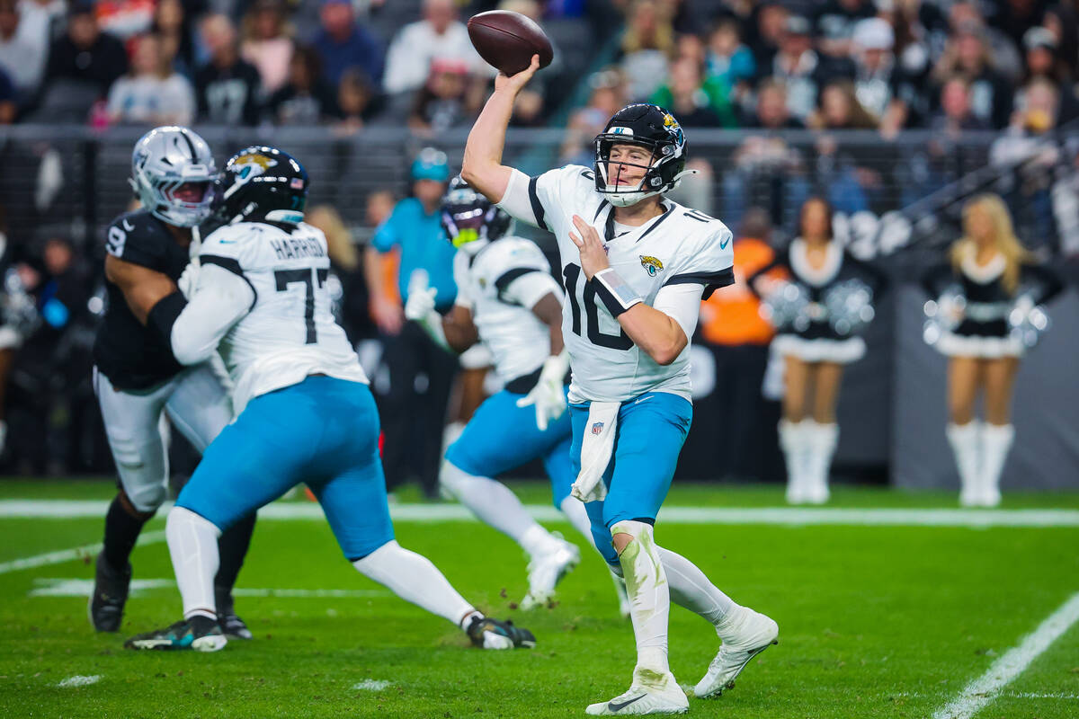 Jacksonville Jaguars quarterback Mac Jones (10) throws the ball during an NFL football game bet ...