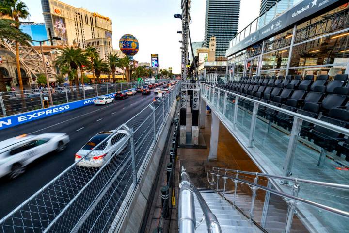 View from the second floor of the Bellagio Fountain Club preparing for the Formula 1 Las Vegas ...