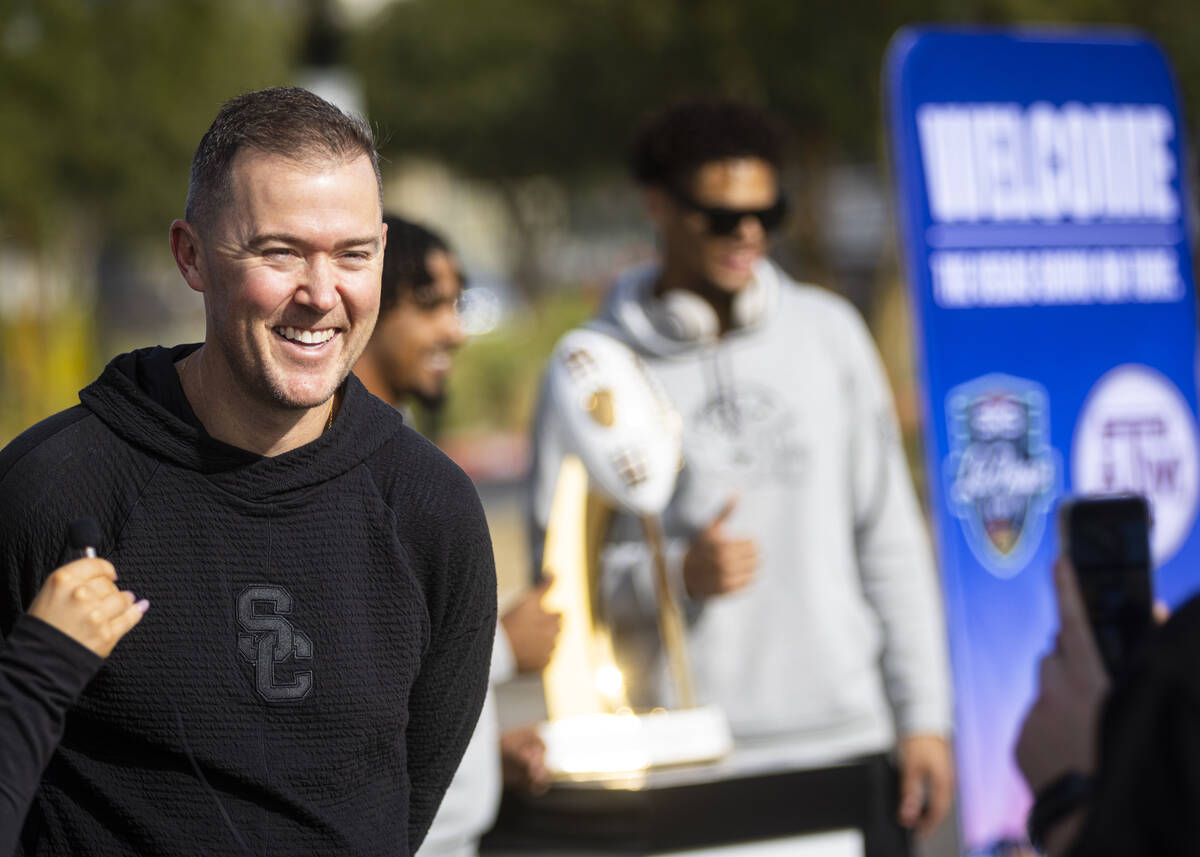 USC head coach Lincoln Riley is interviewed outside of Allegiant Stadium on Monday, Dec. 23, 20 ...