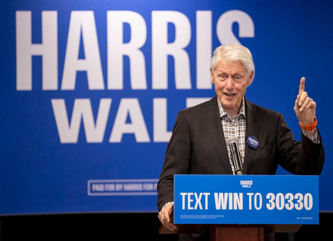 Former President Bill Clinton speaks during a Harris-Walz campaign stop at the Doolittle Commun ...