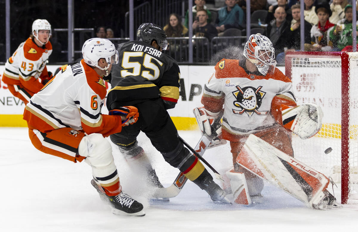 Golden Knights right wing Keegan Kolesar (55) scores a goal past Anaheim Ducks goaltender Lukas ...