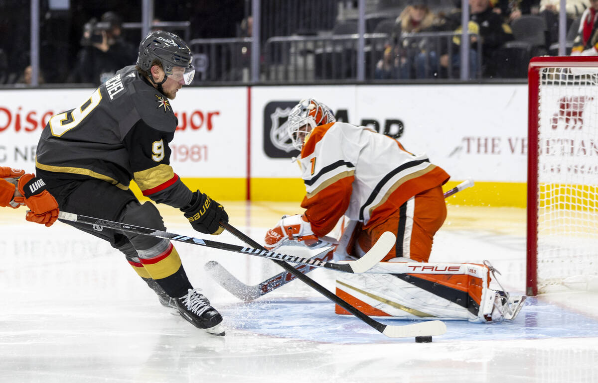 Golden Knights center Jack Eichel (9) attempts a shot on goal during the third period of the NH ...