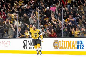 Golden Knights defenseman Alex Pietrangelo (7) celebrates after scoring a goal during the secon ...