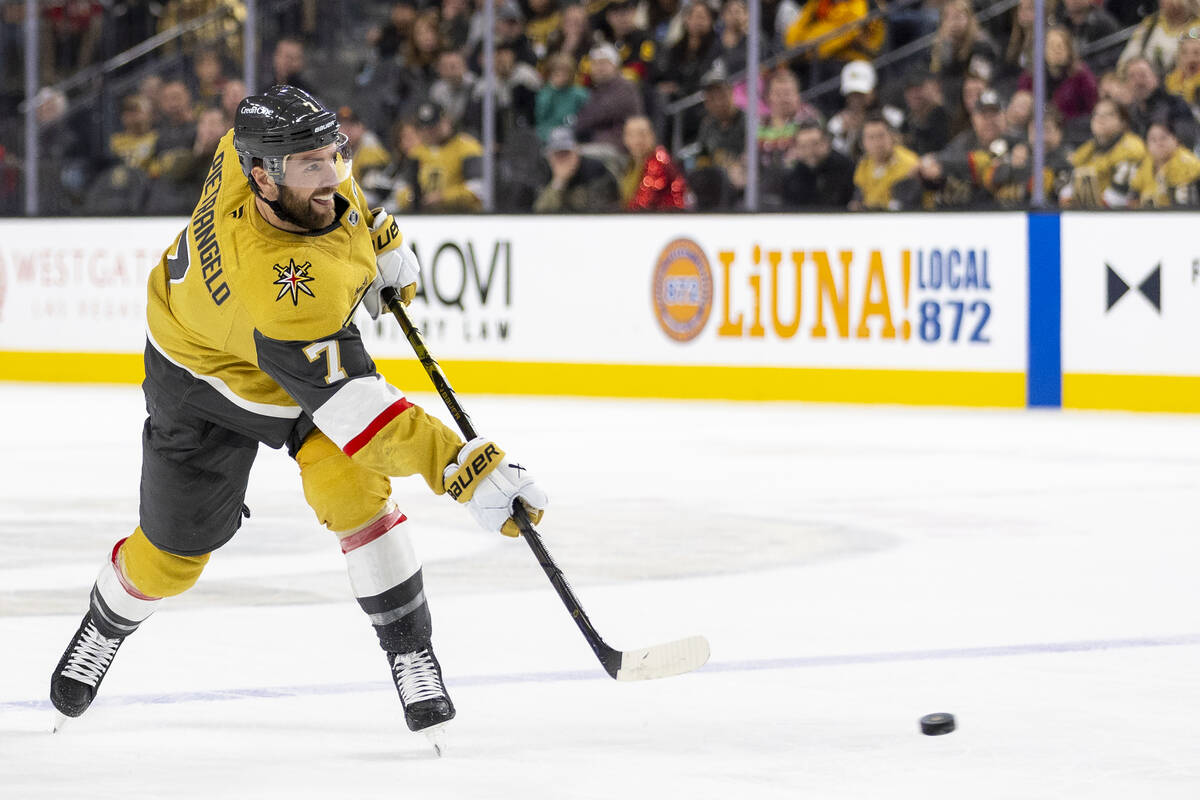 Golden Knights defenseman Alex Pietrangelo (7) attempts a shot during the third period of the N ...