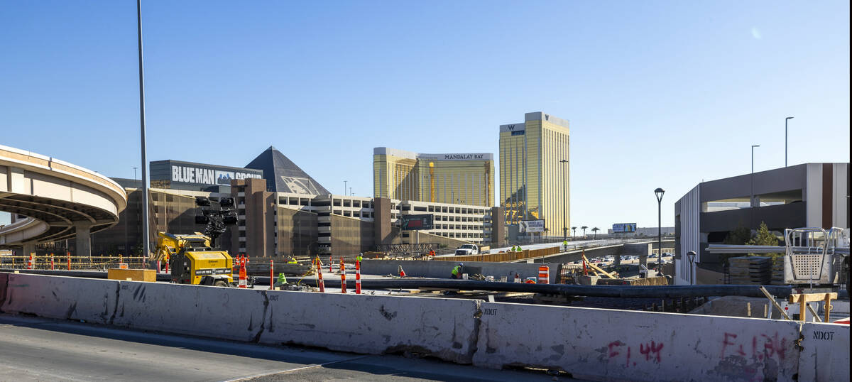 A crew continues to work on the bridge southbound from Tropicana Avenue onto the I-15 as the Tr ...