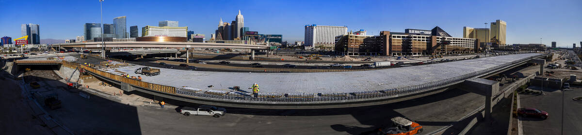 A crew continues to work on the bridge southbound from Tropicana Avenue onto the I-15 as the Tr ...