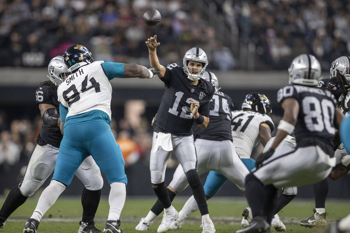 Raiders quarterback Aidan O'Connell (12) throws as Jacksonville Jaguars defensive tackle Maason ...