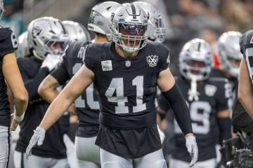 Raiders linebacker Robert Spillane (41) gets hyped up before an NFL game against the Jacksonvil ...