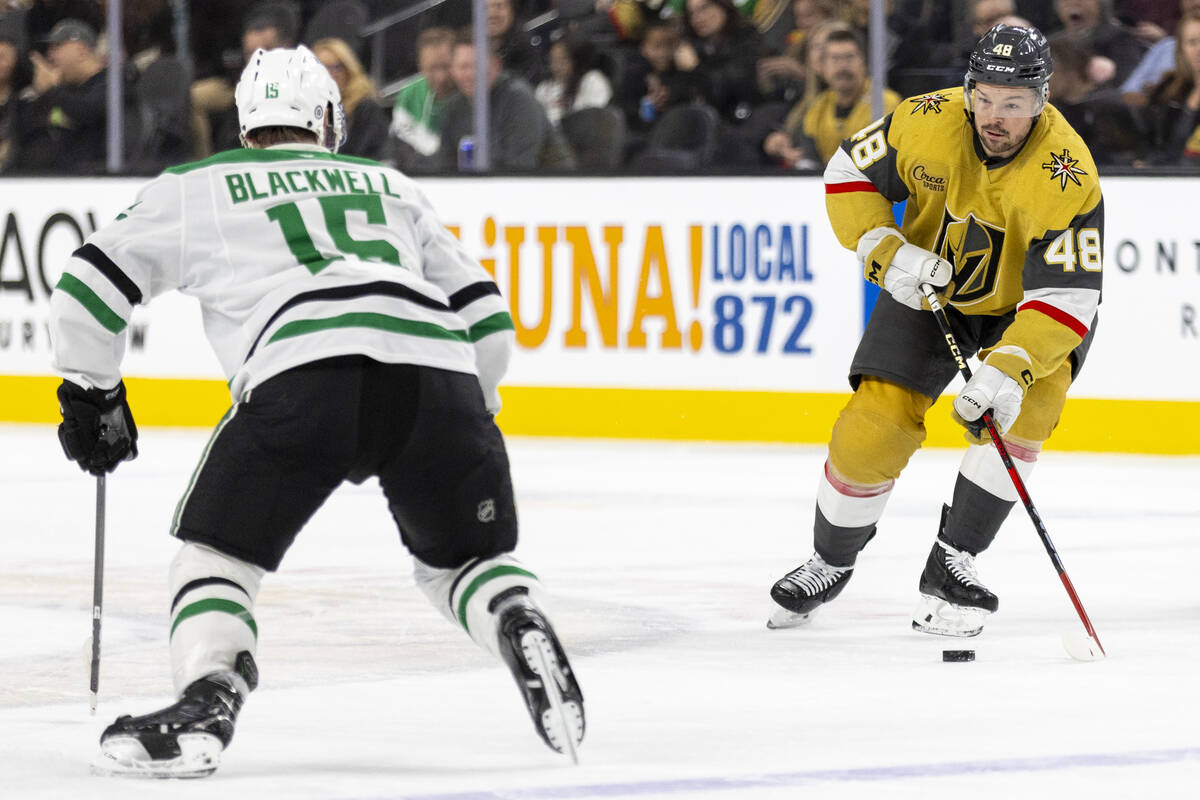 Golden Knights center Tomas Hertl (48) controls the puck during the NHL hockey game against the ...