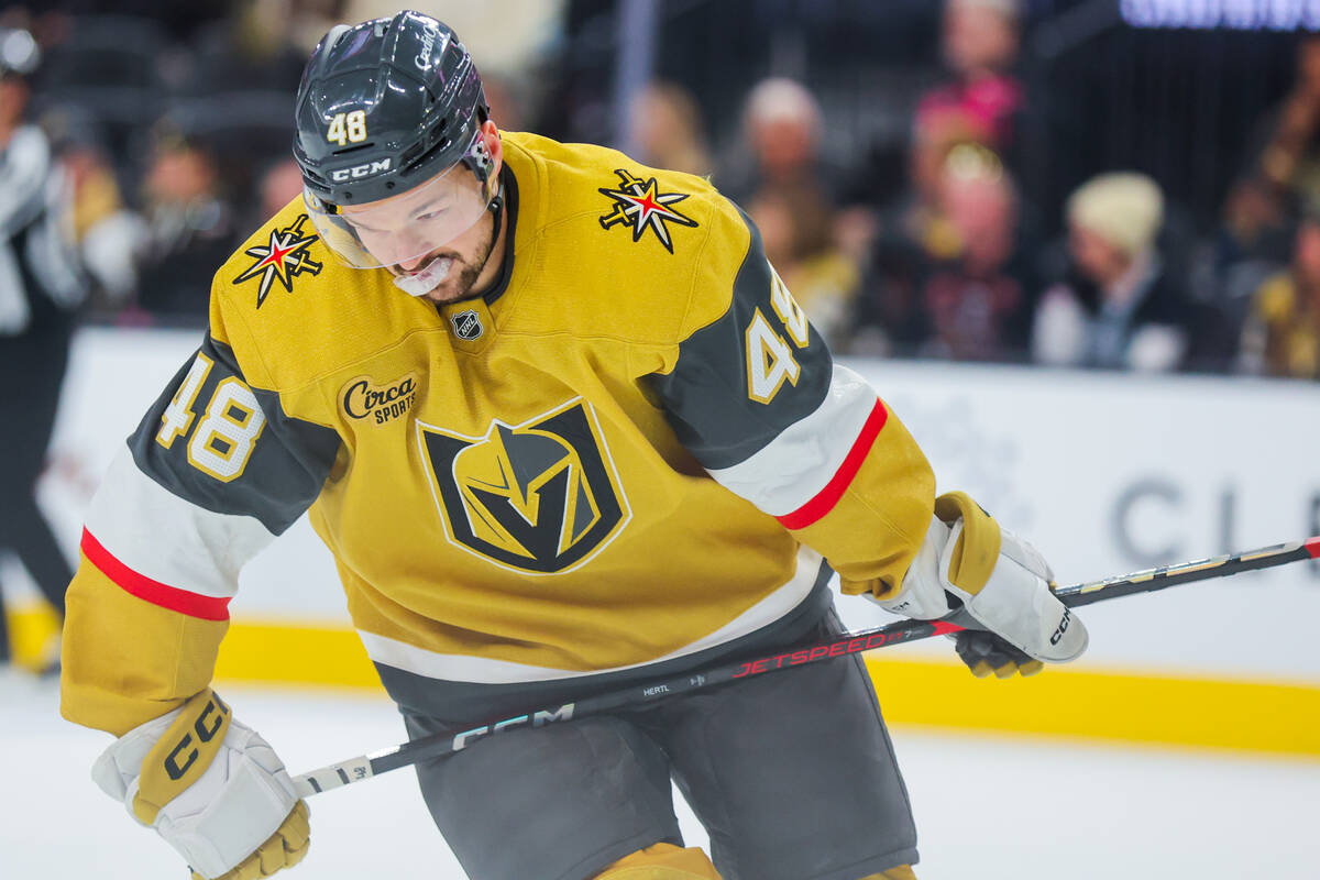 Golden Knights center Tomas Hertl (48) skates off during an NHL hockey game between the Golden ...