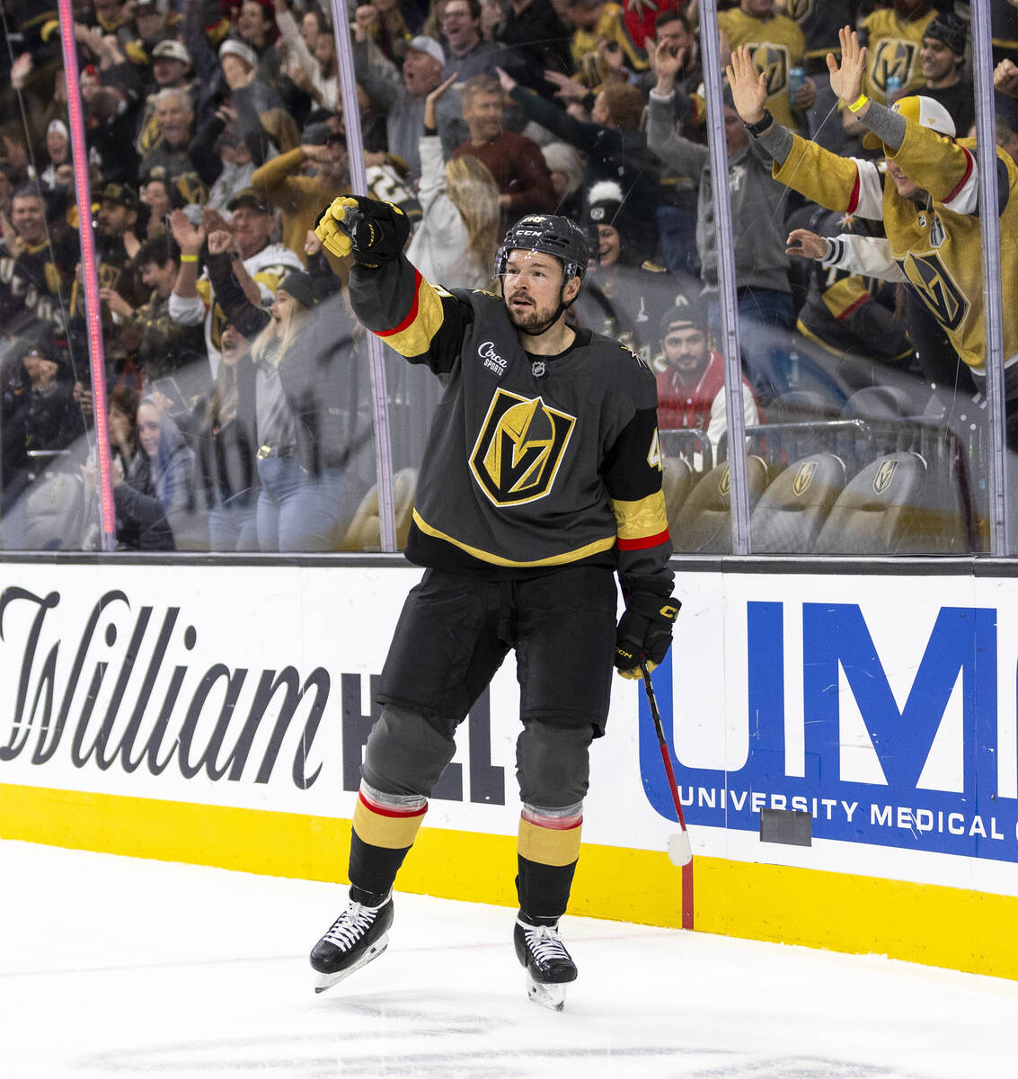 Golden Knights center Tomas Hertl (48) points to his teammates after scoring a goal during the ...