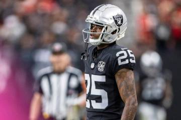 Raiders cornerback Decamerion Richardson (25) looks on from the sideline during the second half ...