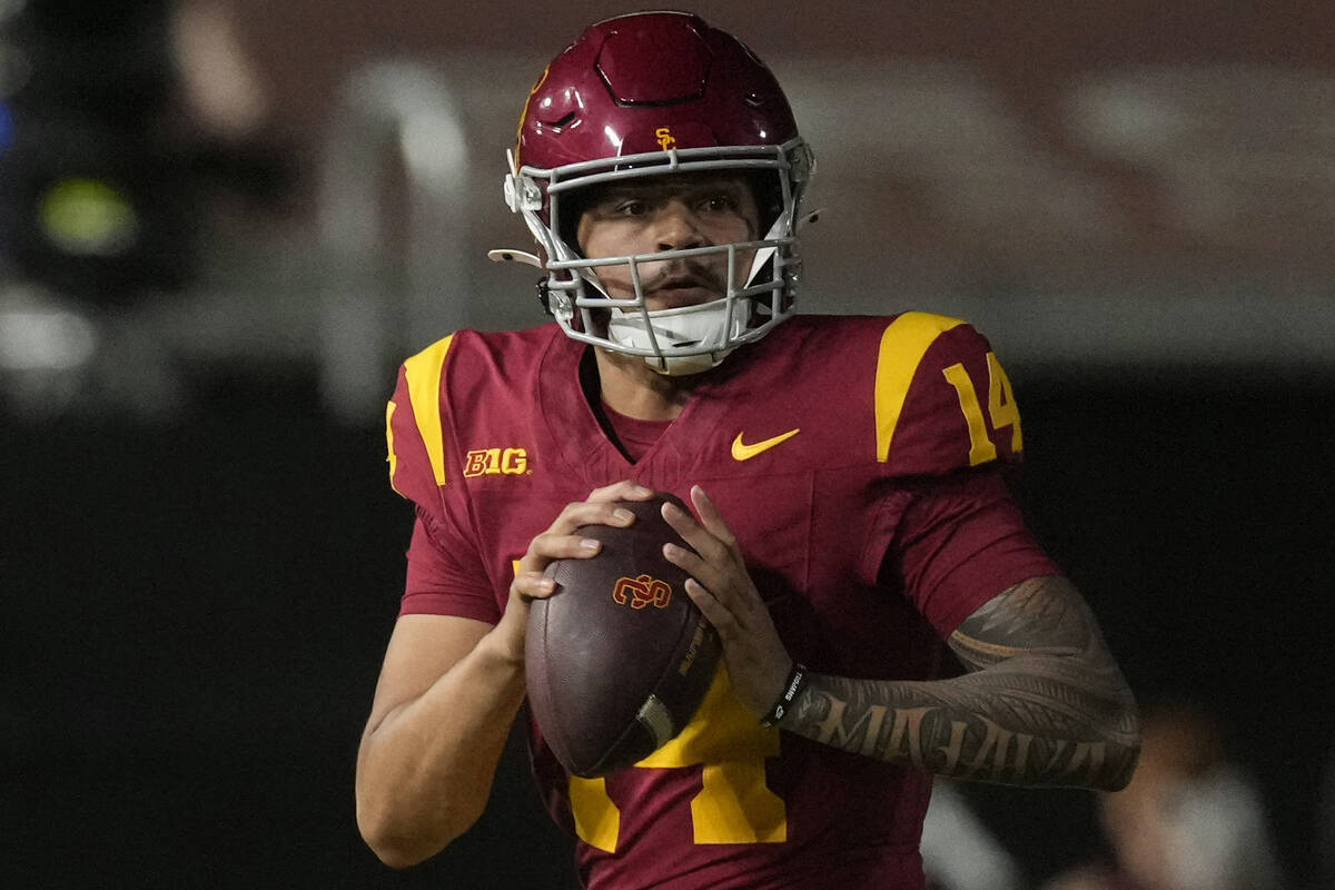 FILE - Southern California quarterback Jayden Maiava gets set to pass during the second half of ...