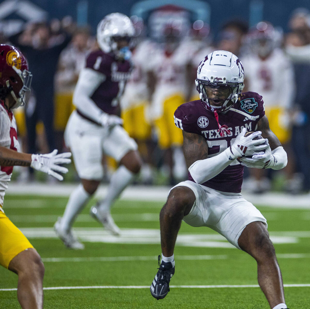 Texas A&M Aggies defensive back BJ Mayes (20) intercepts a pass intended for USC Trojans wi ...