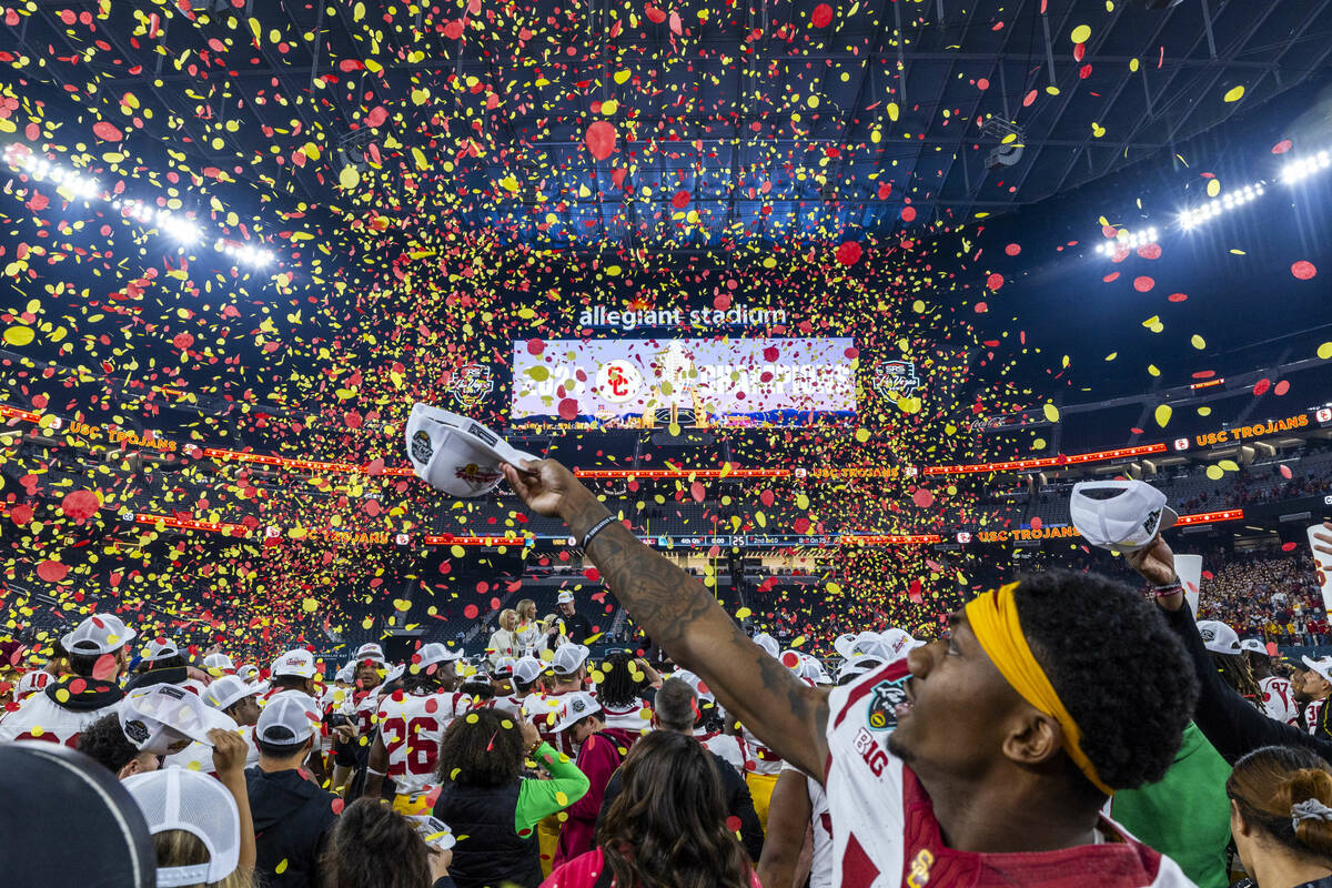 The USC Trojans celebrate their win over the Texas A&M Aggies following their Las Vegas Bow ...