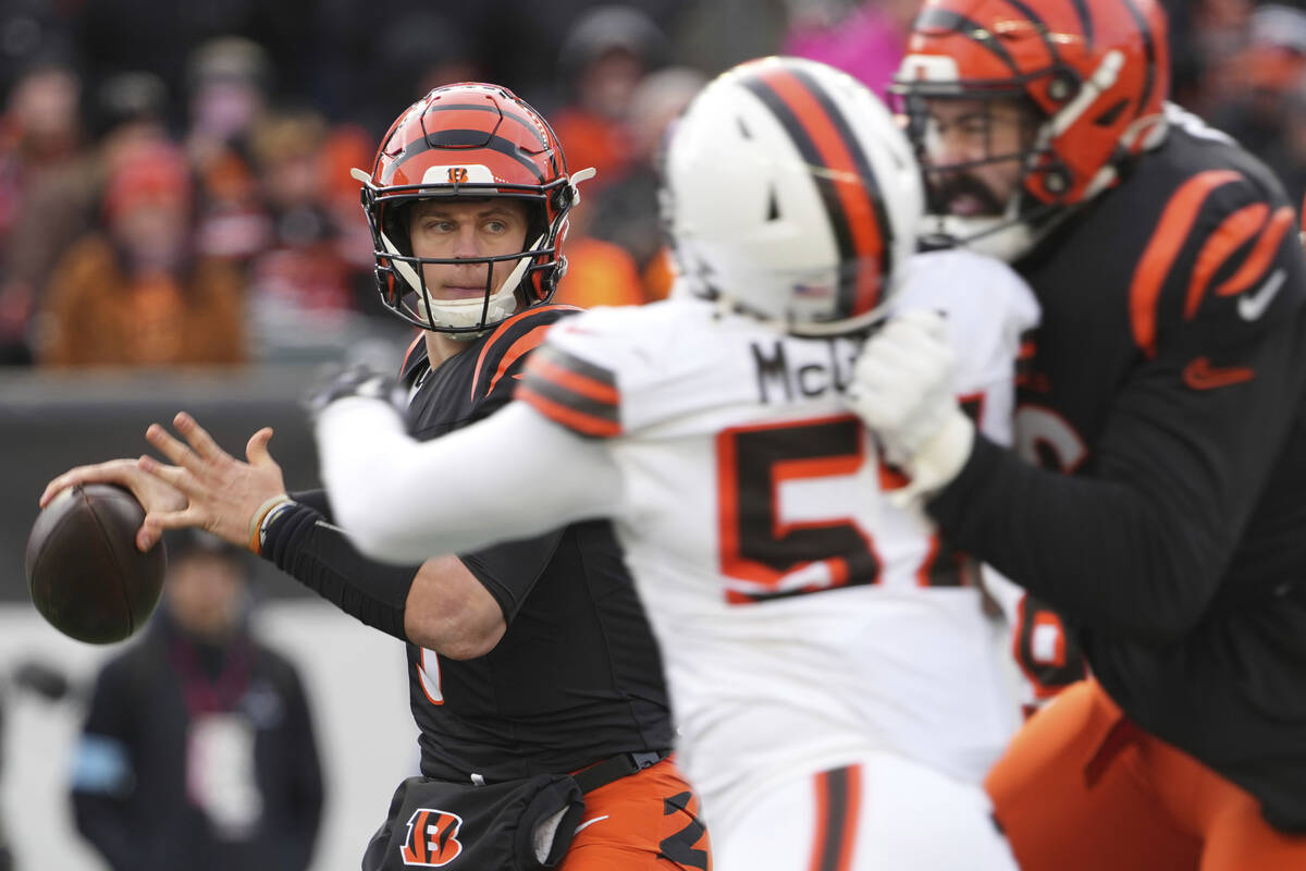 Cincinnati Bengals quarterback Joe Burrow looks to throw during an NFL football game against th ...