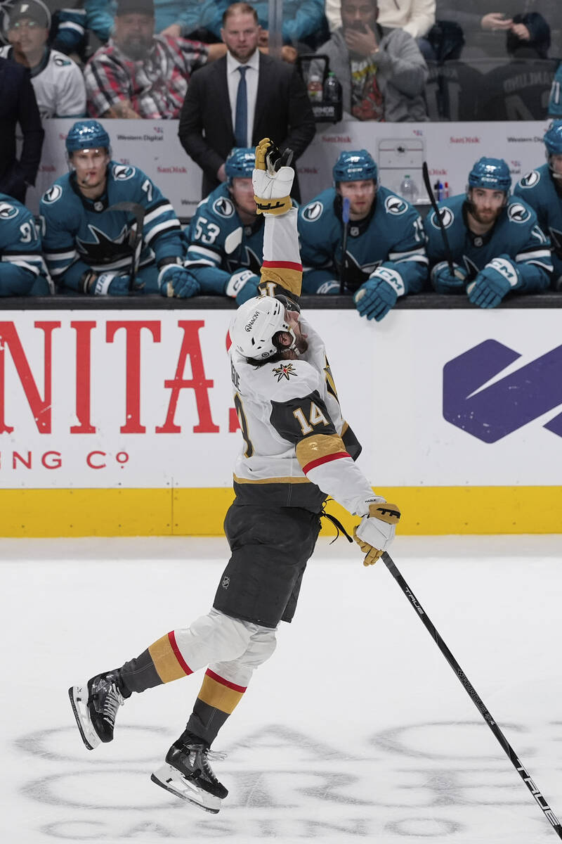 Vegas Golden Knights defenseman Nicolas Hague knocks down the puck during the second period of ...