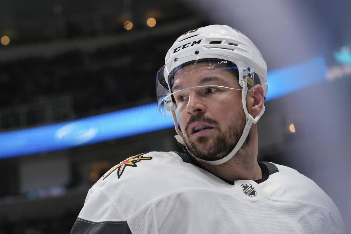 Vegas Golden Knights center Tomas Hertl stands on the ice during the third period of an NHL hoc ...